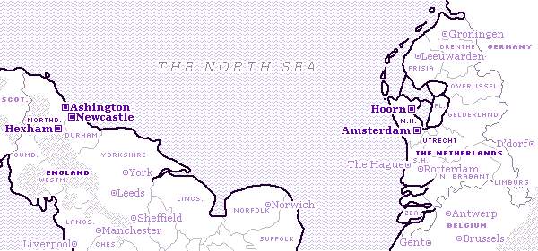 Hexham, Newcastle, and Ashington all lie in Northumberland, a county of England wedged right up north against the Scottish Border. In the Netherlands, Hoorn is to the north of Amsterdam; Utrecht is south of them both.