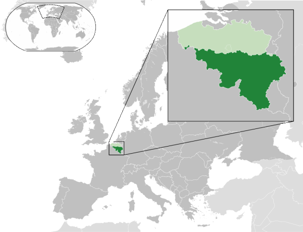 A map of Belgium within Europe, with the division between Wallonia and Flanders highlighted.