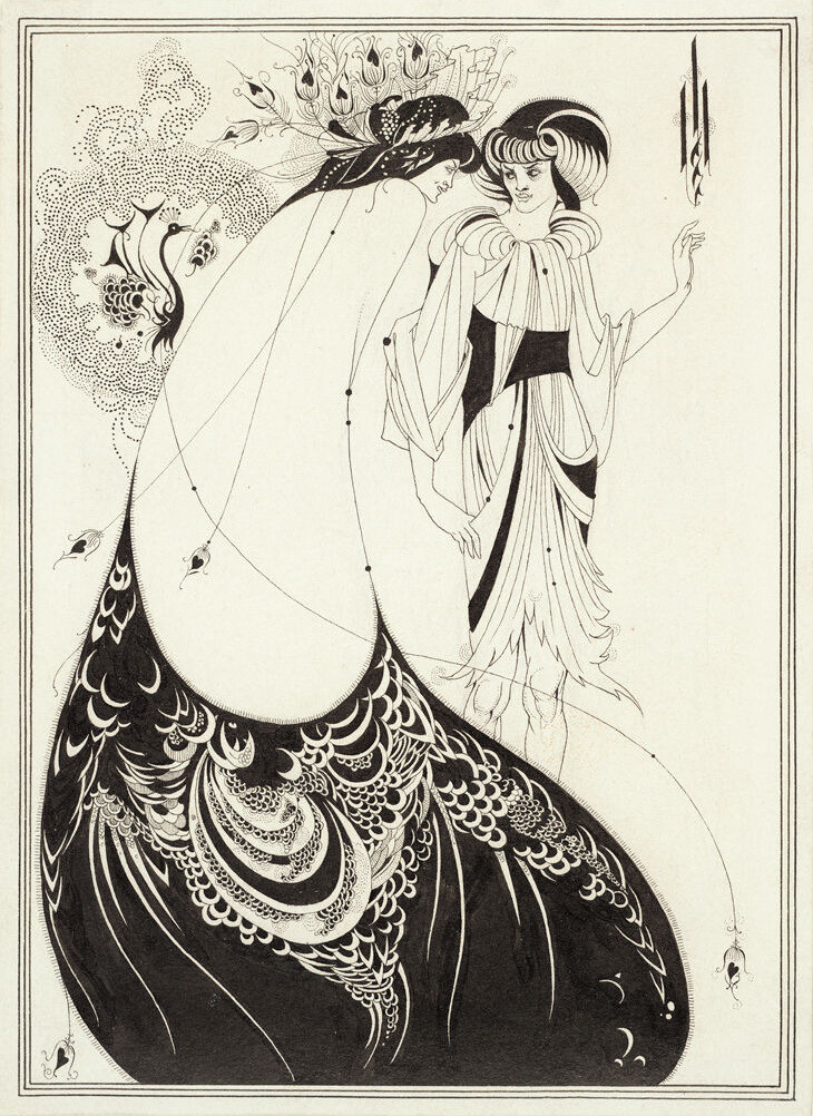 A woman in a long robe of peacock feathers converses with another figure