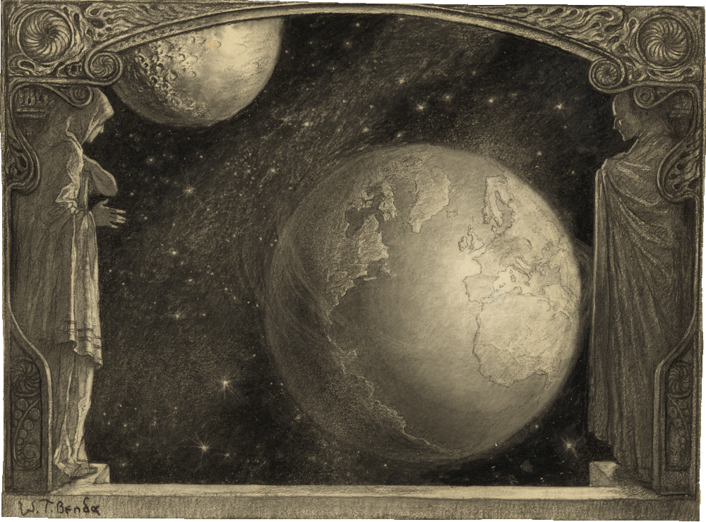 A charcoal drawing of the earth and moon as seen from space