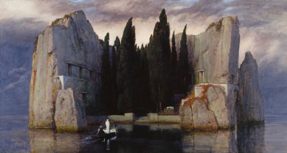 A white-veiled ferryman sails to an isolated, desolate island
