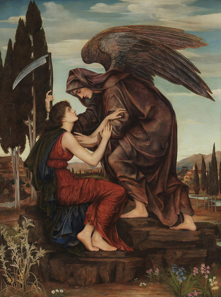 A young figure is accosted by the angel of death, bearing black wings and a scythe, at midday