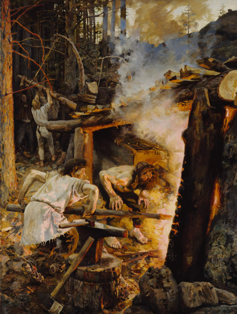 A group of craftsmen in the woods watch in awe at the process of forging