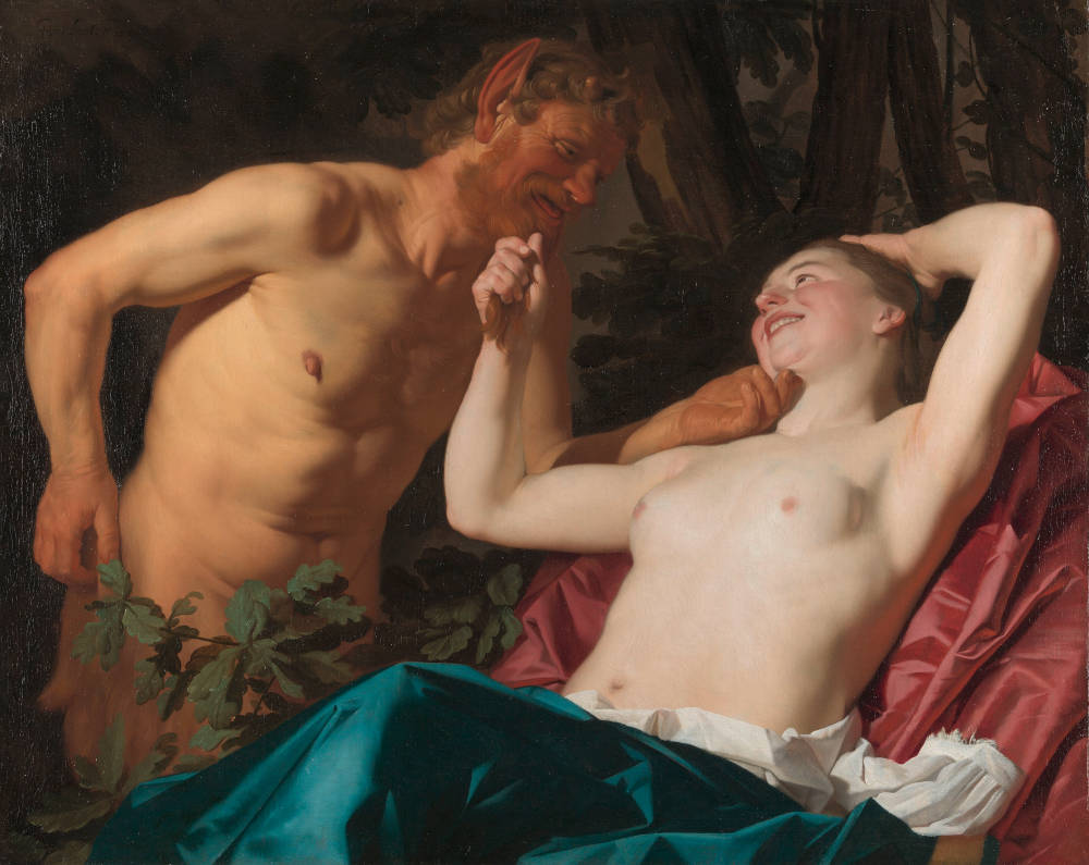 A laughing nymph pulls a satyr towards her by the goatee