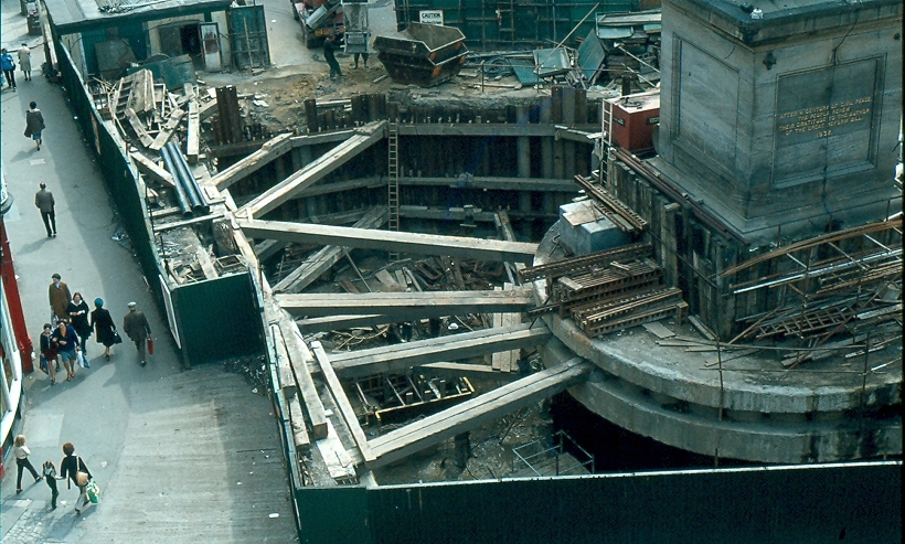 Construction of the station at Grey’s Monument, showing a deep underground trench dug around it