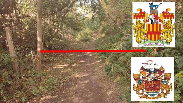 The border between Northumberland and North Tyneside is highlighted in the middle of an unmarked dirt path.