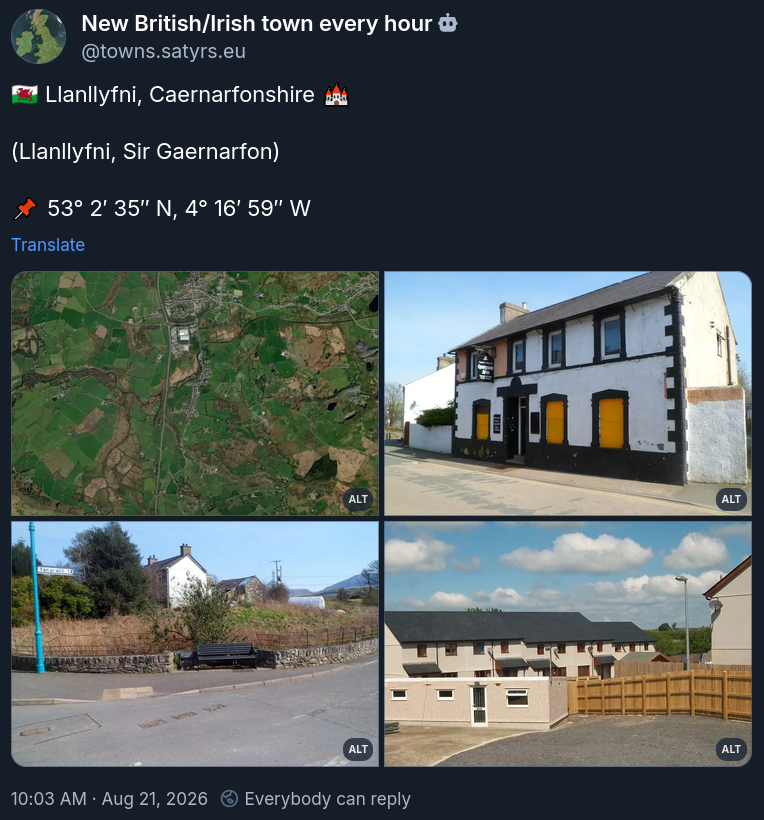Screenshot of a Bluesky post showing a town name (with Welsh translation), its coördinates, and a four-picture grid showing a satellite image and three more boring photos