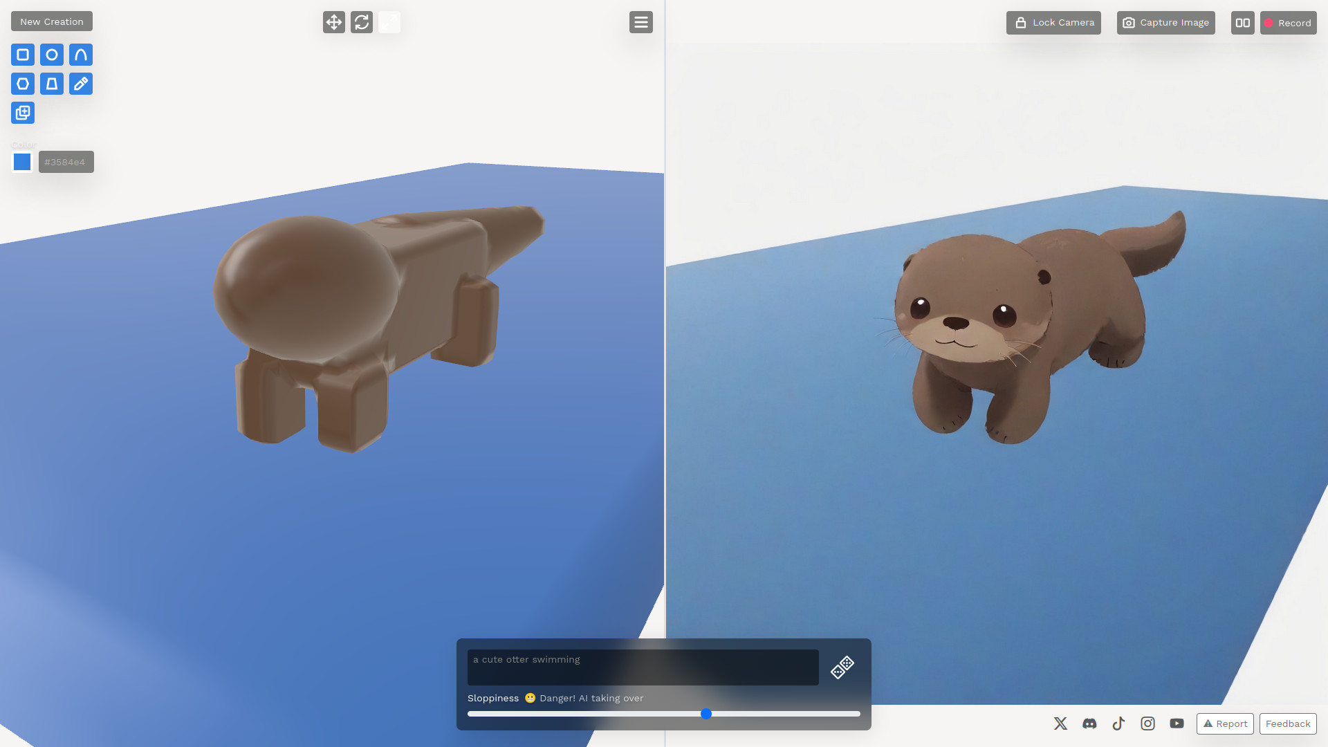 A side-by-side of a crude 3D model and an AI-generated otter