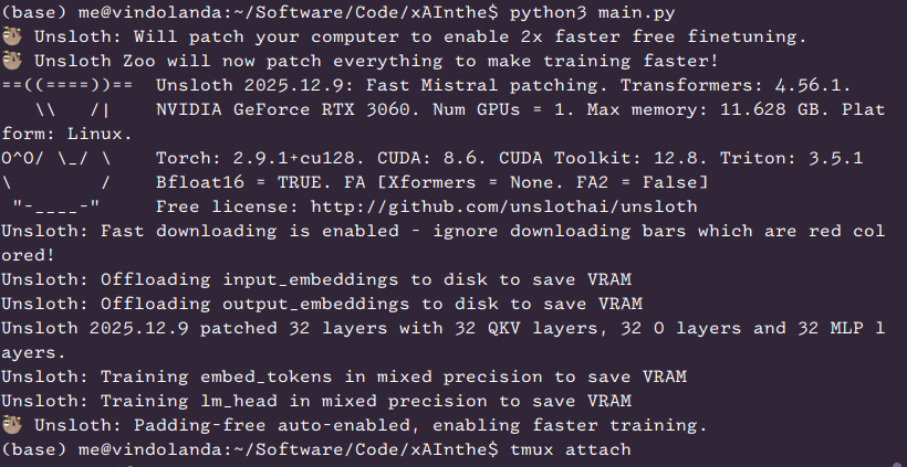 Terminal screenshot showing Unsloth running