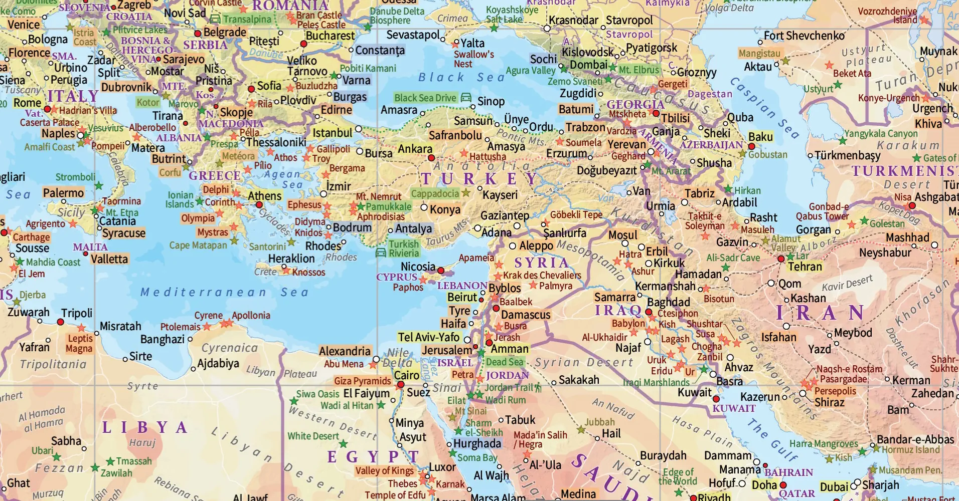 A map of the Near East and Balkans with a focus on travel destinations and such